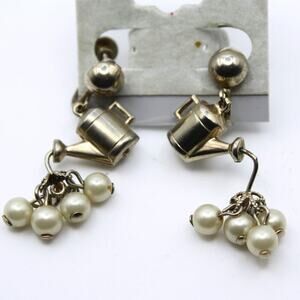 Vintage Watering Can Charm Dangle Earrings Pearl Beads Screw Back 1.5" - Hey Viv